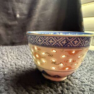 Vintage Chinese Rice Grain Porcelain Tea Cup - Translucent Blue Dragon Art